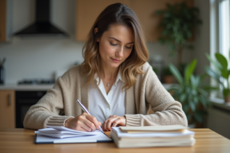 Femme en plan portrait arrangeant des papiers de finances