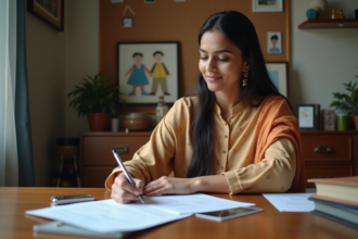 Femme indienne en bureau remplissant des papiers