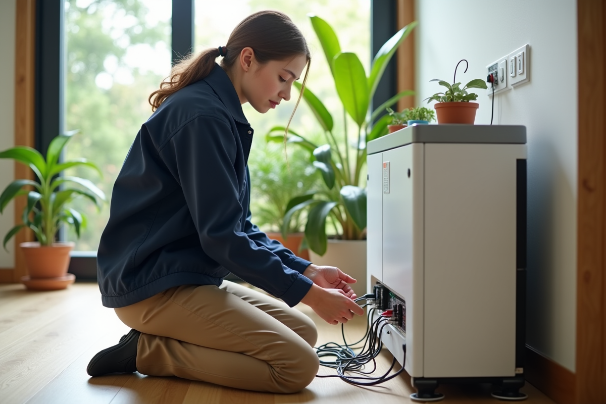 Jeune femme installant une batterie solaire dans une pièce lumineuse