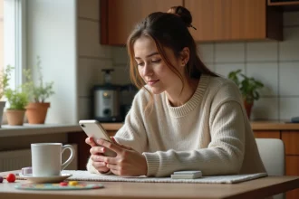 Jeune femme jouant à Monopoly sur son smartphone dans la cuisine