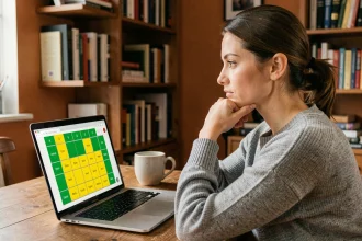 Femme jouant à un jeu de mots en ligne sur un ordinateur portable dans un bureau à domicile, illustrant la comparaison entre Sutom et Sutom illimité