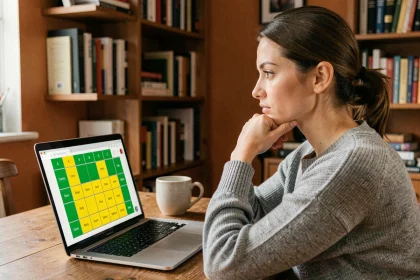 Femme jouant à un jeu de mots en ligne sur un ordinateur portable dans un bureau à domicile, illustrant la comparaison entre Sutom et Sutom illimité