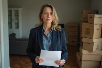 Femme en blazer navy tenant un document dans un appartement