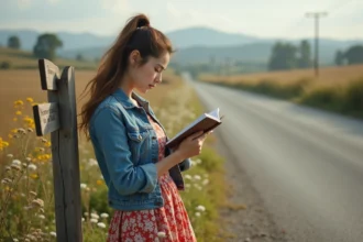 Jeune femme lisant un carnet en pleine nature