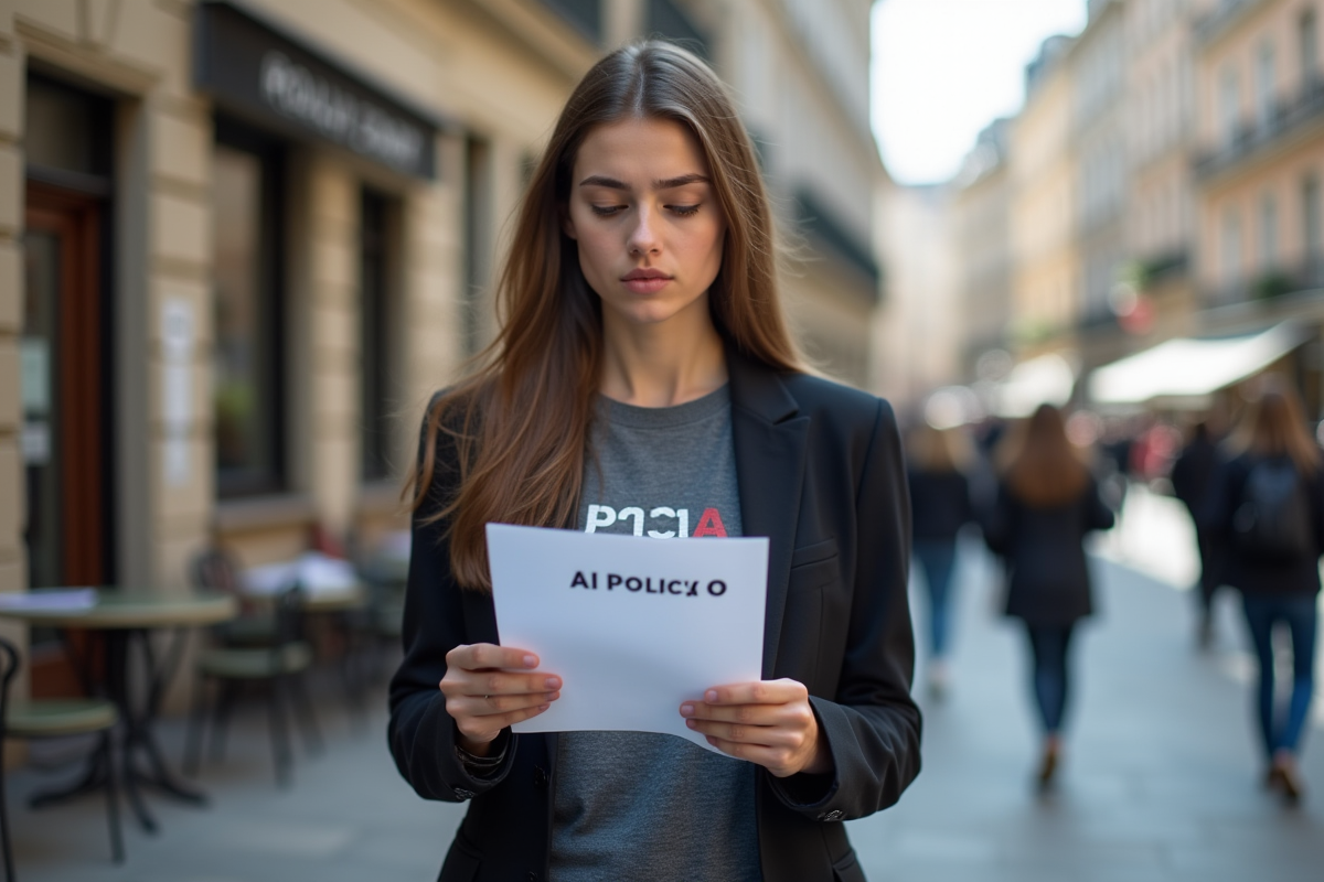 Jeune femme lisant un document sur la politique IA en ville