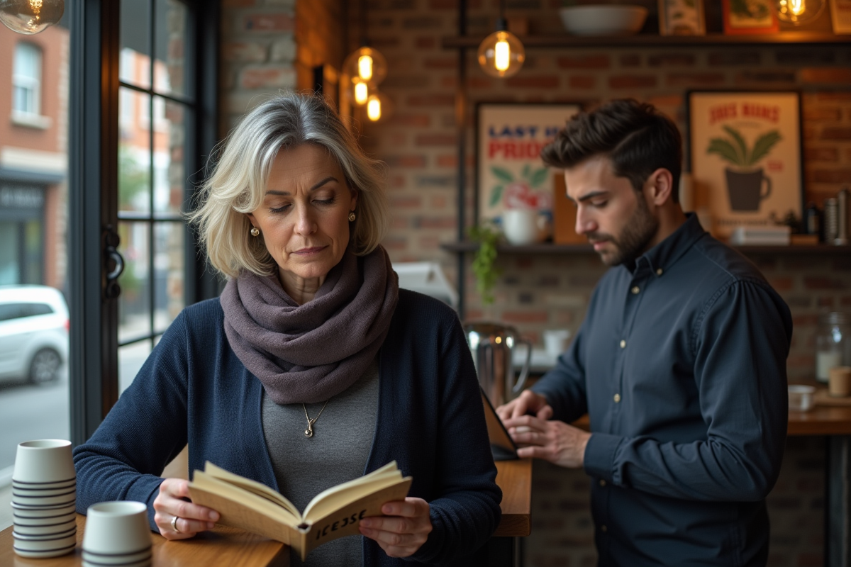 Femme lisant un document dans un café urbain