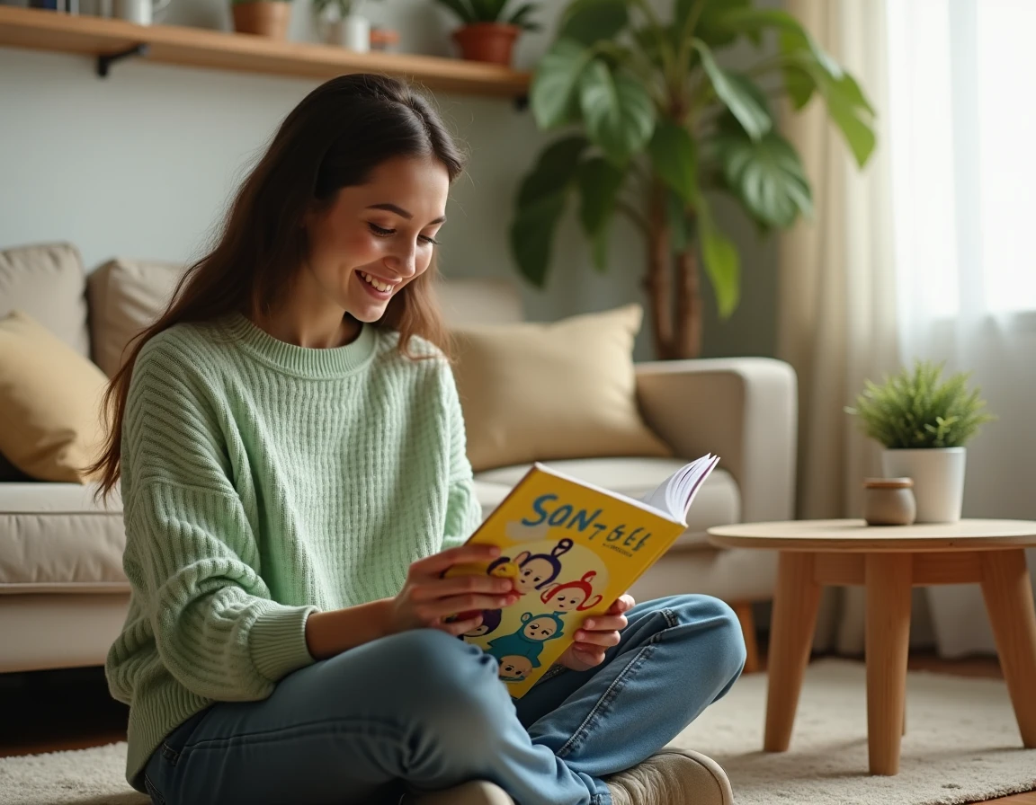 Jeune femme lisant un livre illustré sur les Télétubbies dans un salon cosy, représentant les personnages colorés de la série