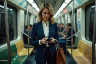 Femme professionnelle consultant son smartphone dans la rame de métro parisien pendant son trajet domicile-bureau
