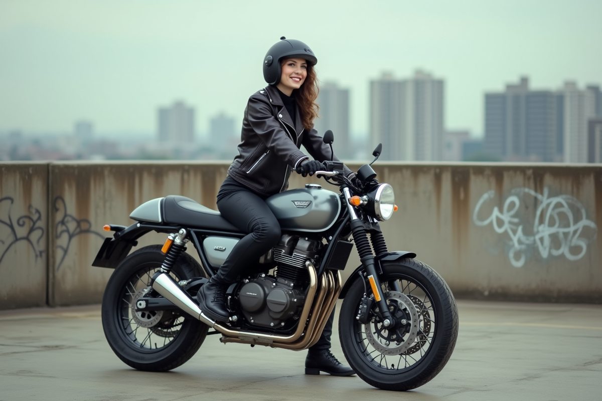 Femme sur une moto 125cc en milieu urbain
