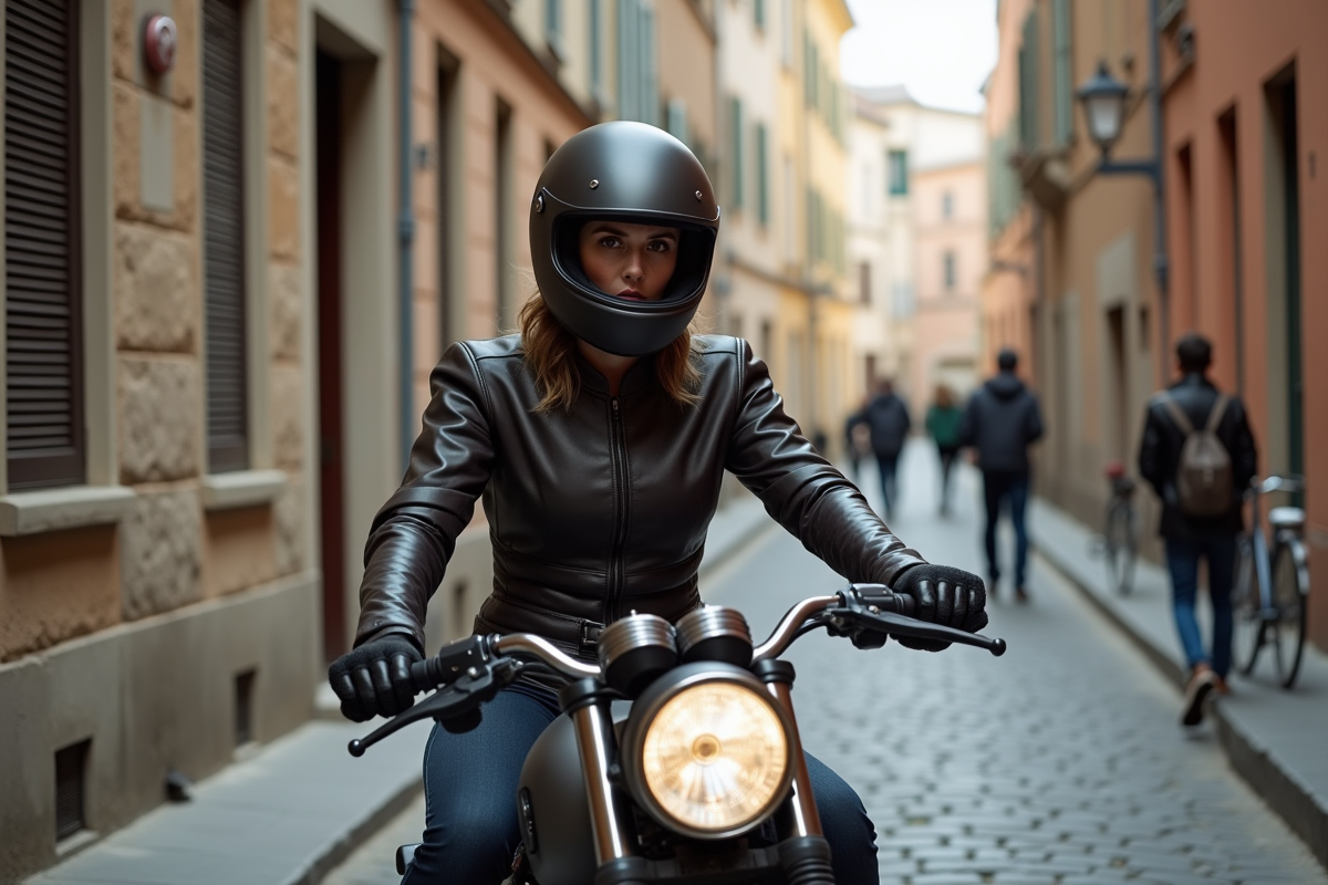 Femme en moto vintage dans une rue pavée urbaine