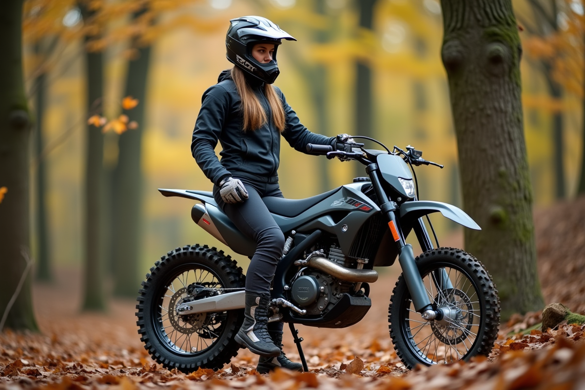 Femme motocross dans la forêt après une course