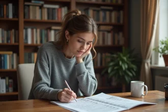 Femme concentrée résolvant un mot croisé de 9 lettres à son bureau avec un stylo et un dictionnaire