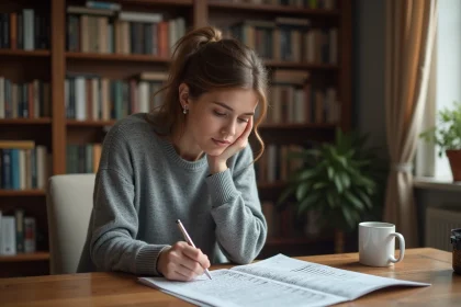 Femme concentrée résolvant un mot croisé de 9 lettres à son bureau avec un stylo et un dictionnaire