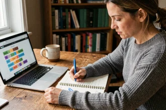 Femme prenant des notes manuscrites de ses parties de cemantrix pour analyser sa progression