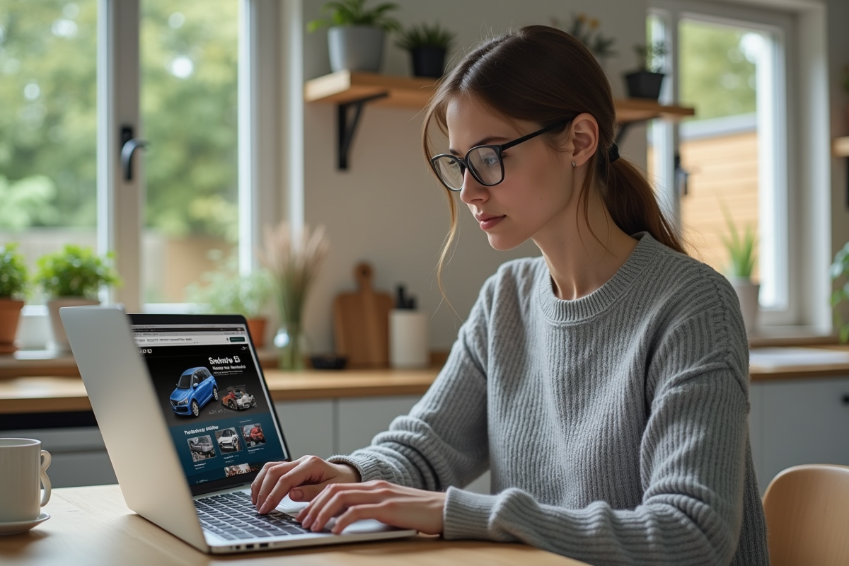 Jeune femme regardant un site de pièces auto sur son ordinateur