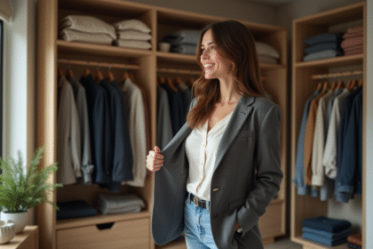 Femme devant un placard organisé en train de choisir sa tenue