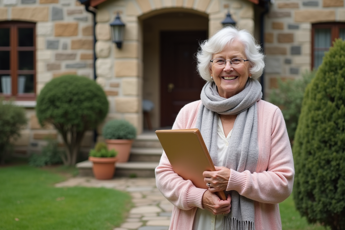 Femme senior souriante tenant une clé de maison devant une résidence en pierre