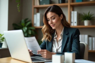 Femme professionnelle examine un dépliant de produits dans un bureau lumineux