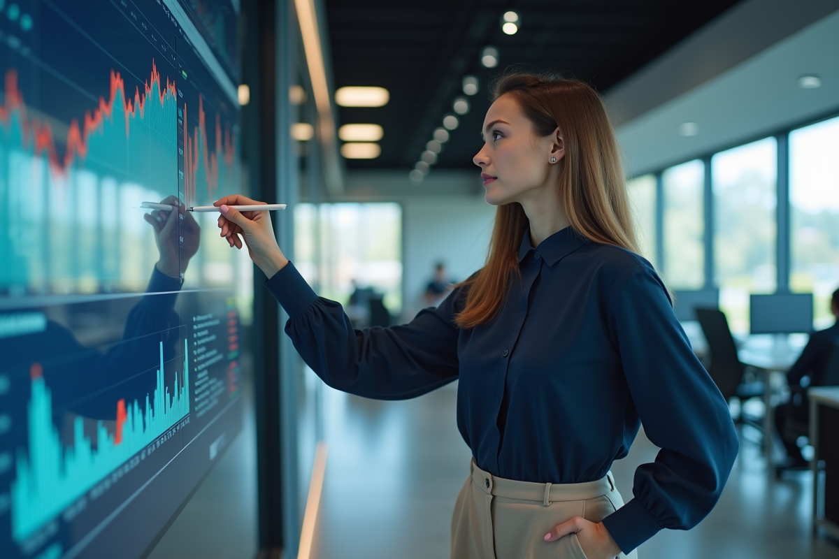 Jeune femme pointant un graphique dans un espace de travail moderne