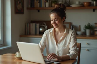 Femme réfléchie faisant un quiz de personnalité à la maison