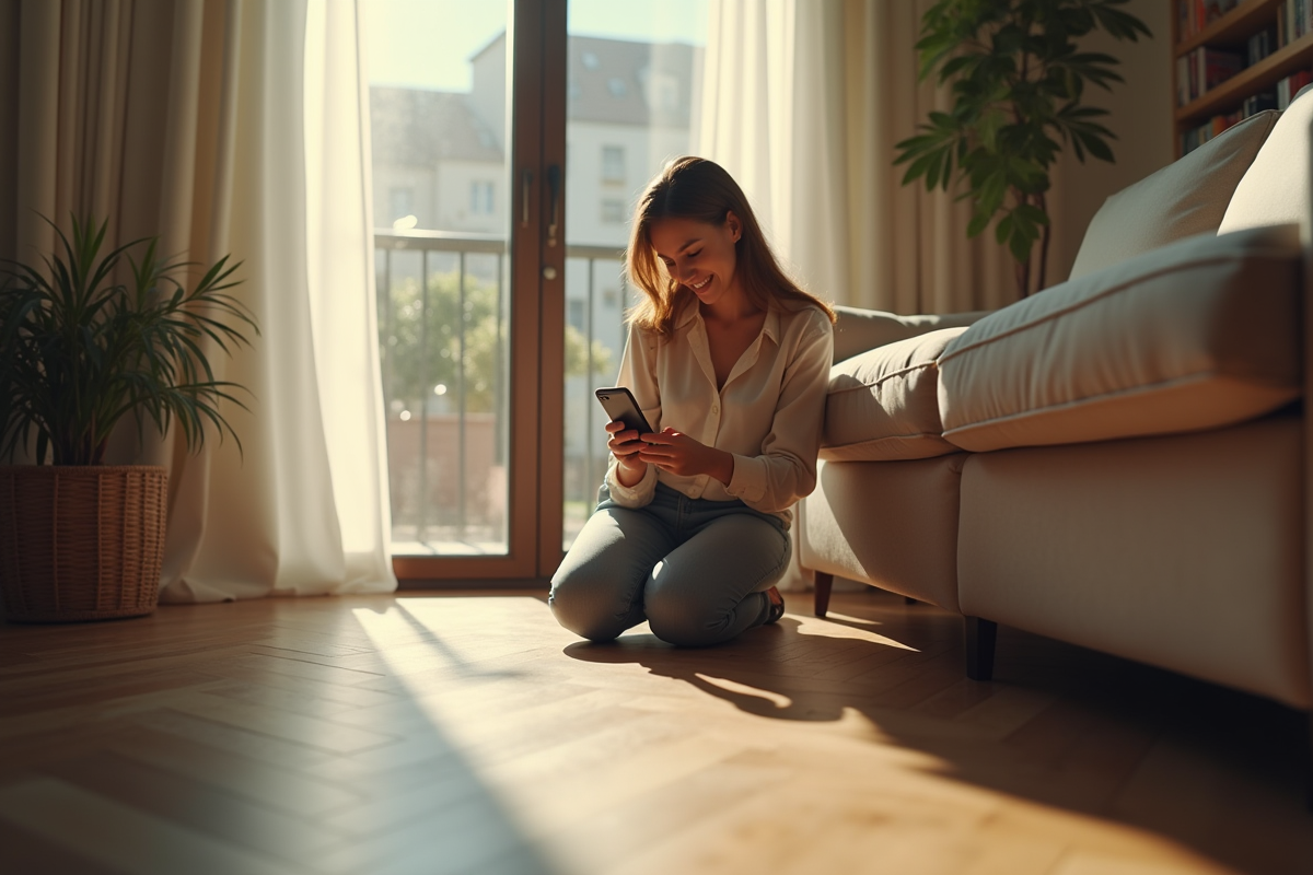 Jeune femme cherchant sous le sofa avec smartphone dans le salon
