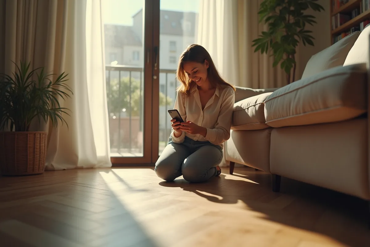 Jeune femme cherchant sous le sofa avec smartphone dans le salon