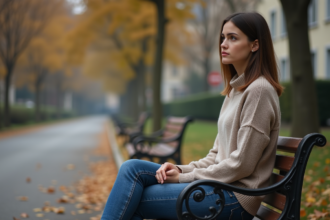Femme pensante assise sur un banc en automne
