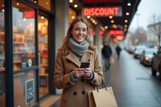 Femme souriante dehors devant un magasin en hiver