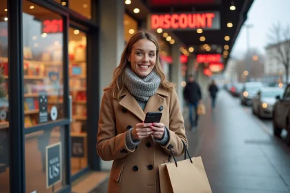 Femme souriante dehors devant un magasin en hiver
