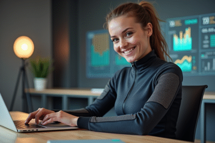 Jeune femme souriante avec veste connectee en interieur
