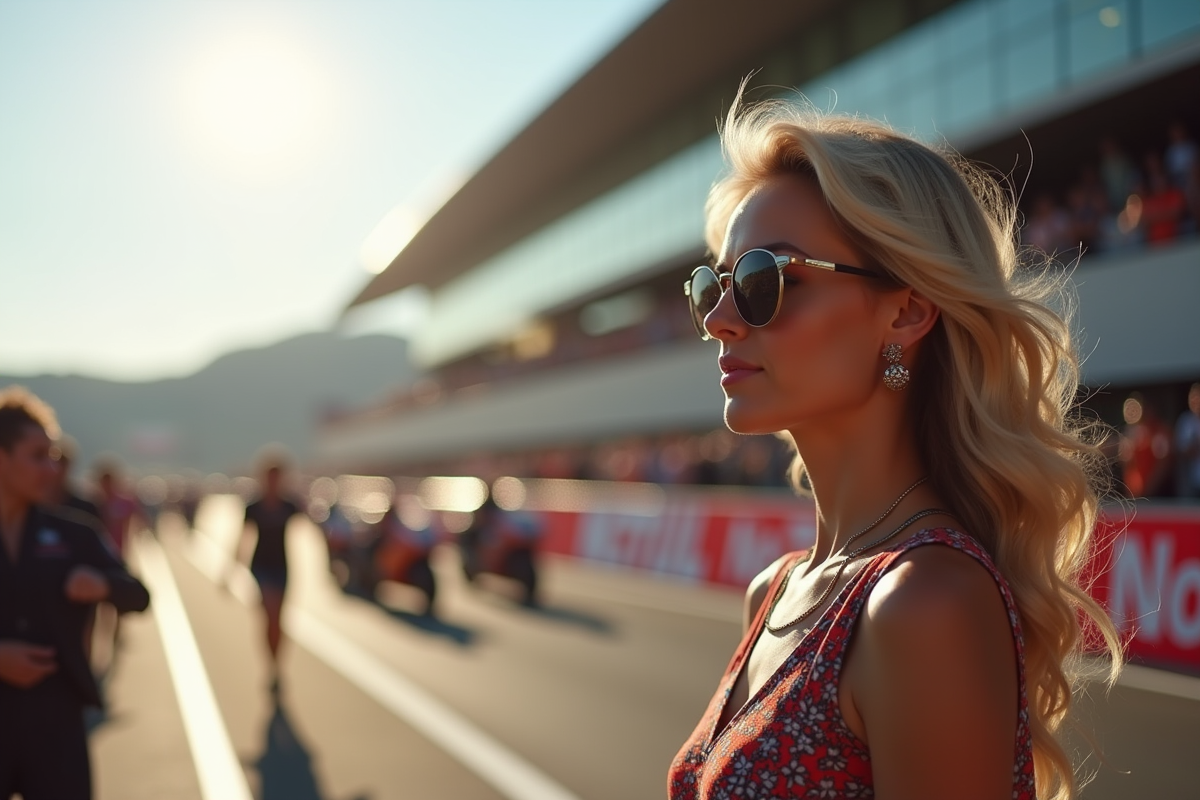 Femme élégante près de la pit lane MotoGP en plein jour