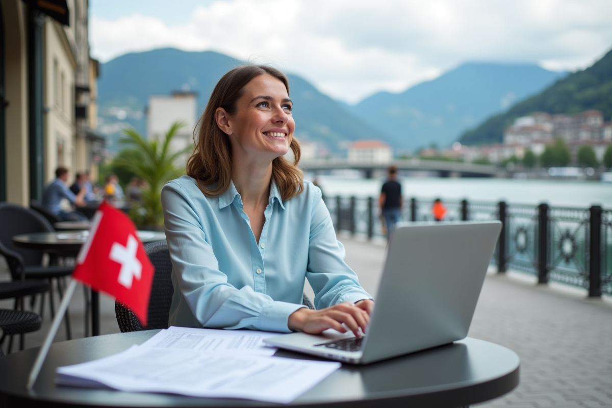 Jeune femme suisse souriante avec formulaire fiscal au café