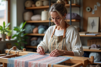 Femme tissant des fils colorés sur un métier à tisser traditionnel