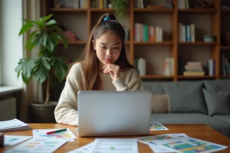 Jeune femme concentrée sur son ordinateur à la maison