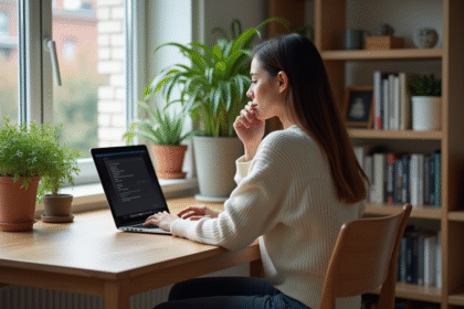 Jeune femme concentrée sur ses réglages de confidentialité en ligne