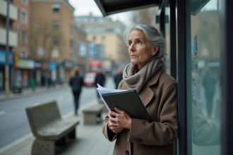 Femme d'âge moyen au arrêt de bus dans la ville