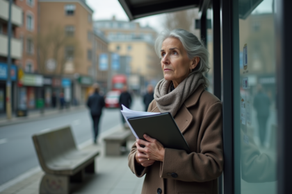 Femme d'âge moyen au arrêt de bus dans la ville