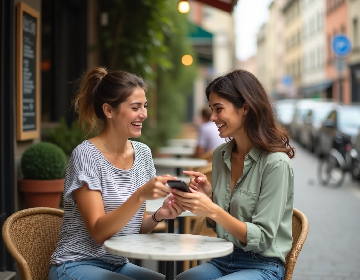 Deux femmes discutant d'une faute d'orthographe sur un téléphone à la terrasse d'un café, illustrant le débat sur l'expression bonne vacances en français courant
