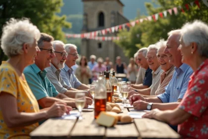 Groupe de villageois autour d'une table lors d'une fete en Aveyron