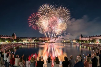 Feu d'artifice spectaculaire au-dessus de Villeneuve d'Ascq avec reflets sur le lac et foule de spectateurs