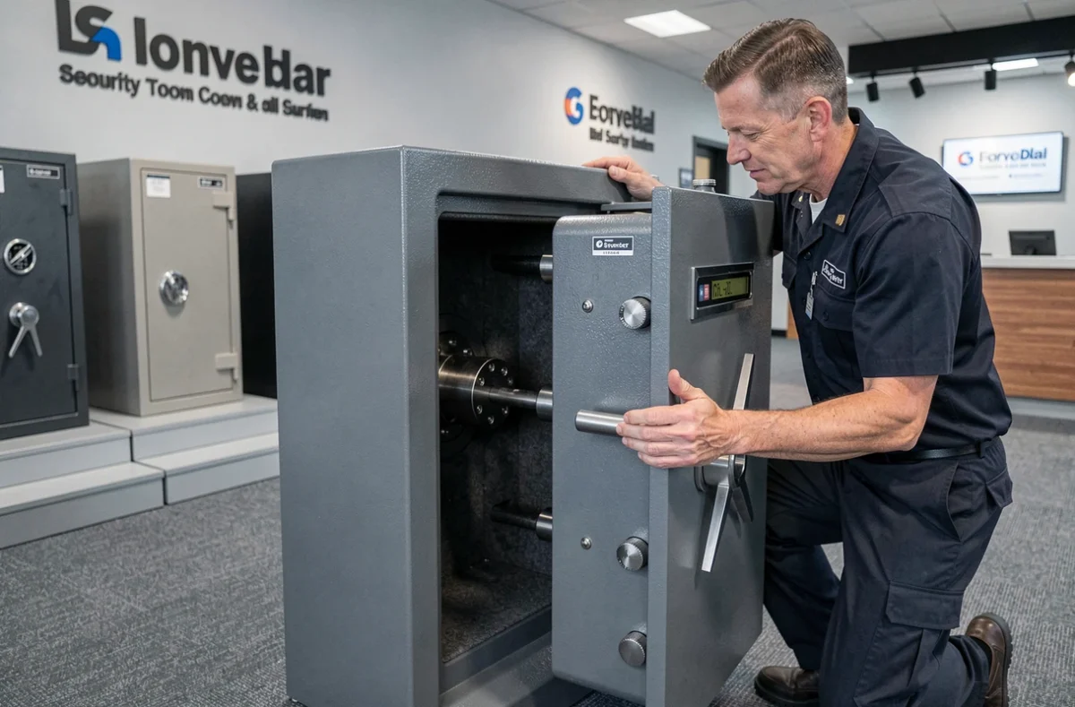 Technicien présentant un coffre-fort de haute sécurité Fichet Point Fort dans un showroom spécialisé