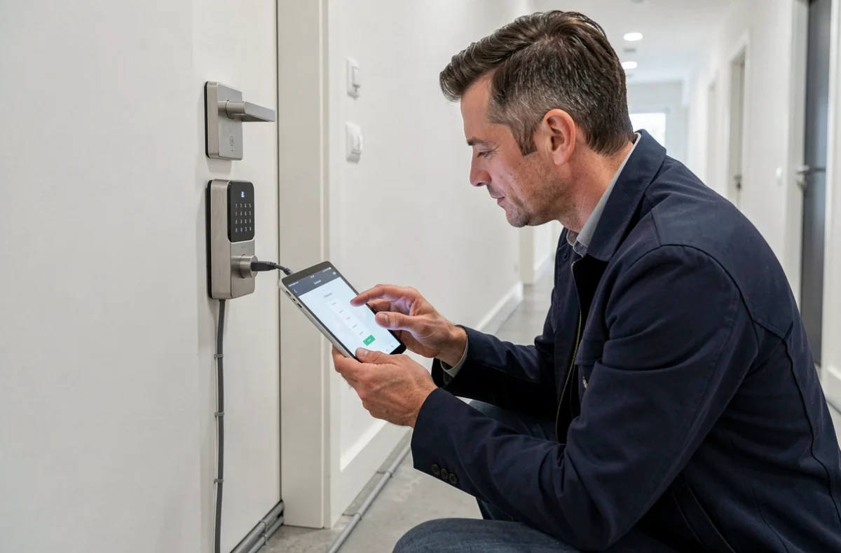 Consultant Fichet Point Fort installant une serrure connectée et un système de contrôle d'accès