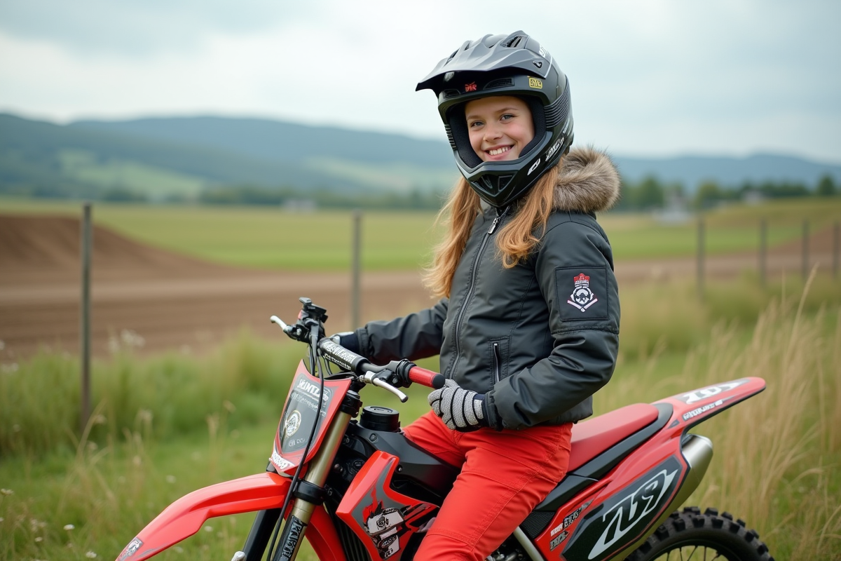 Fille motocross posant fièrement à côté de sa moto