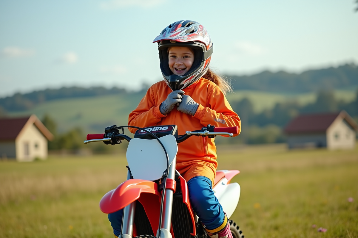 Fille de motocross riant sur sa moto dans un champ en village