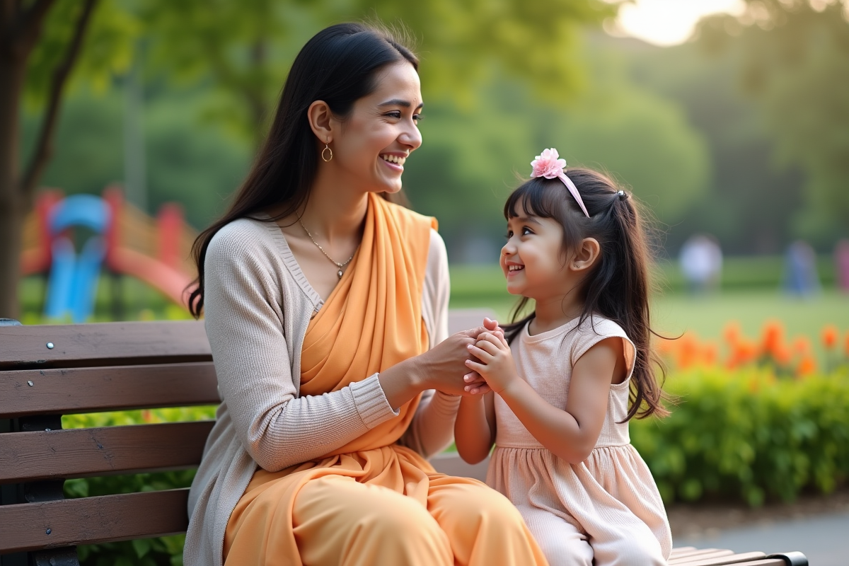 Fille et femme indienne souriantes dans un parc ensoleille