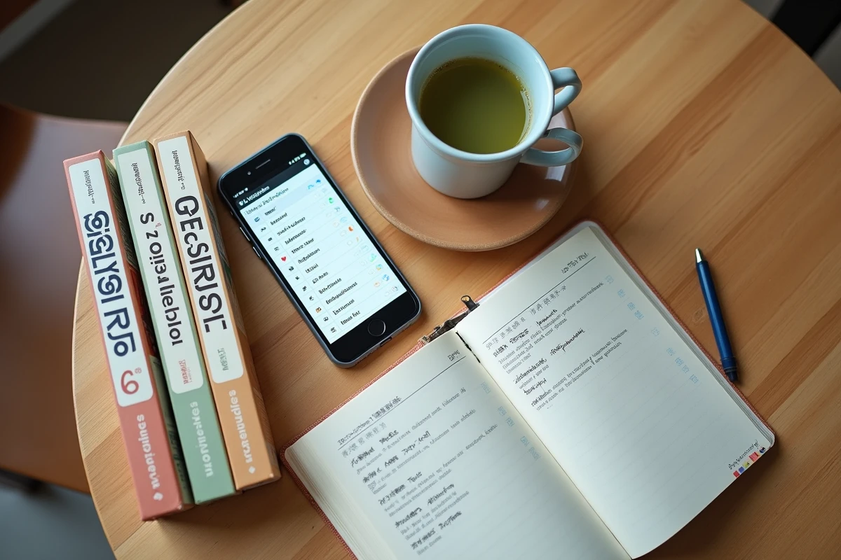 Vue aérienne d'un smartphone avec application de suivi manga, volumes manga et carnet de notes sur une table en bois