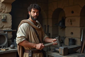 Forgeron romain en atelier antique en train de façonner un casque