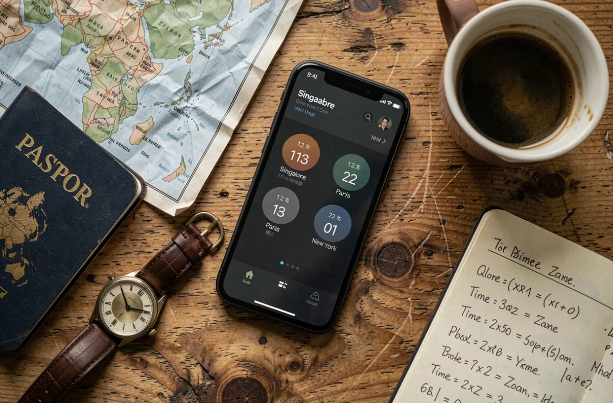 Téléphone affichant les heures de Singapour et Paris posé sur un bureau avec passeport et montre