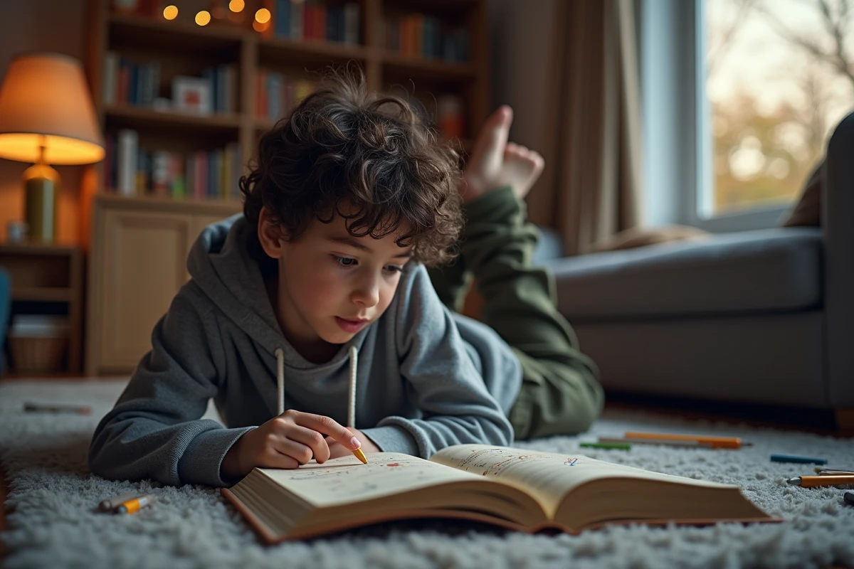 Jeune garçon pointant une constellation dans un livre d
