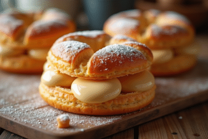 ParisBrest doré avec crème pralinée sur table rustique